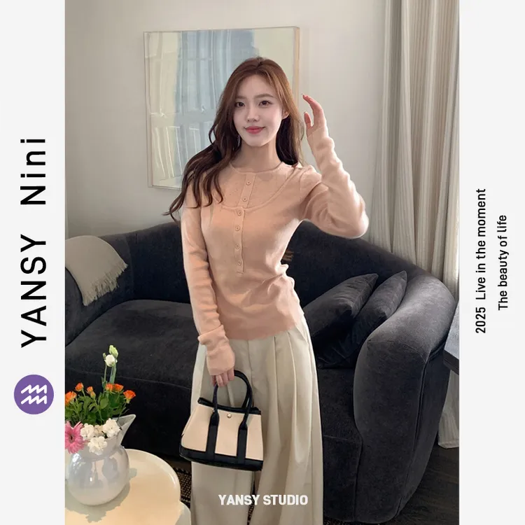 YANSY Nini温柔暮色韩系针织衫早秋纽扣门襟假两件显瘦时尚叠穿感
