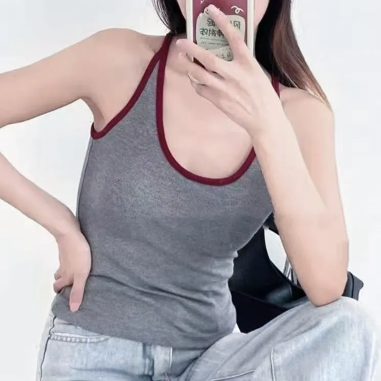 【高品质乳胶】螺纹棉挂脖吊带背心女秋季落日橙美背多巴胺橘色2703