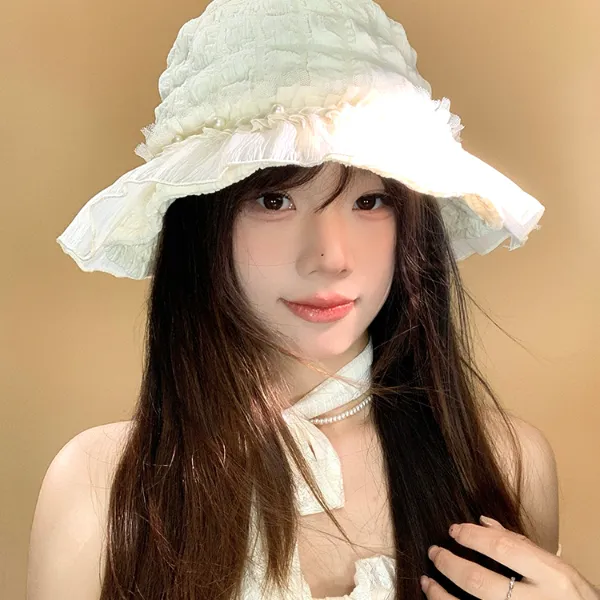 PRBLMS薄款防晒遮阳盆帽韩版甜美网纱蕾丝花边显脸小渔夫帽女款
