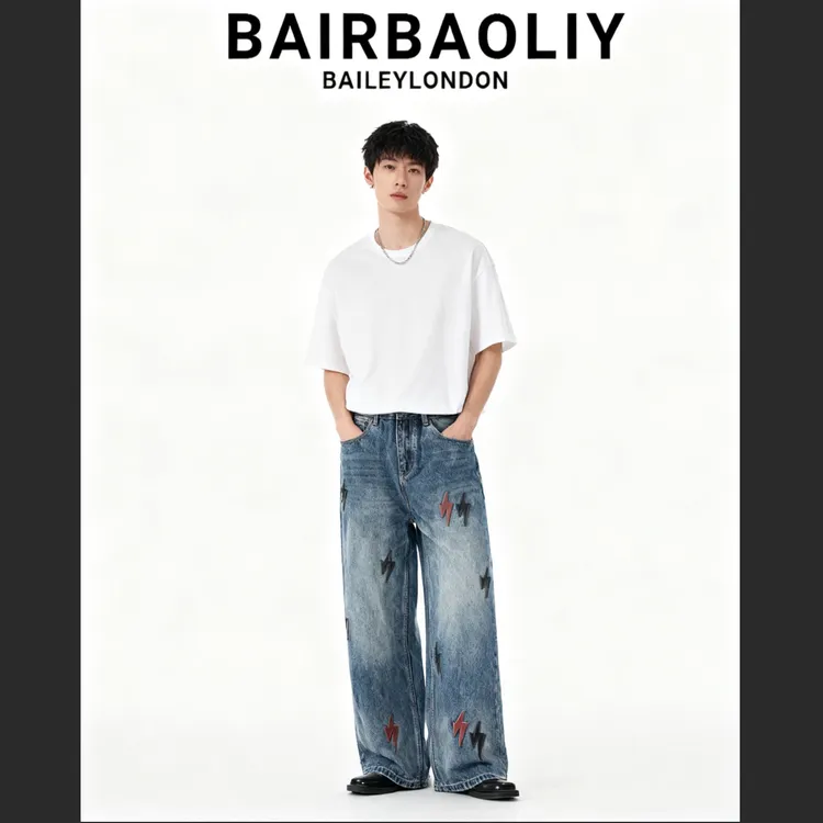 BAIRBAOLIY美式潮牌蓝色闪电皮标直筒宽松痞帅炸街牛仔裤男士长裤