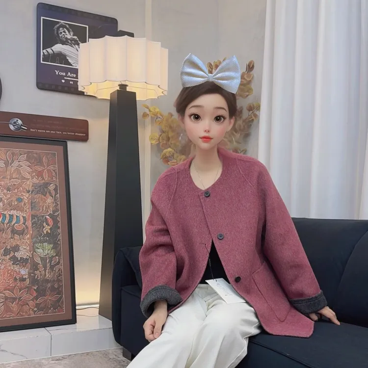 【HUIYING】韩版轻奢两面呢中长款双面穿大衣复古宽松毛呢秋冬设计
