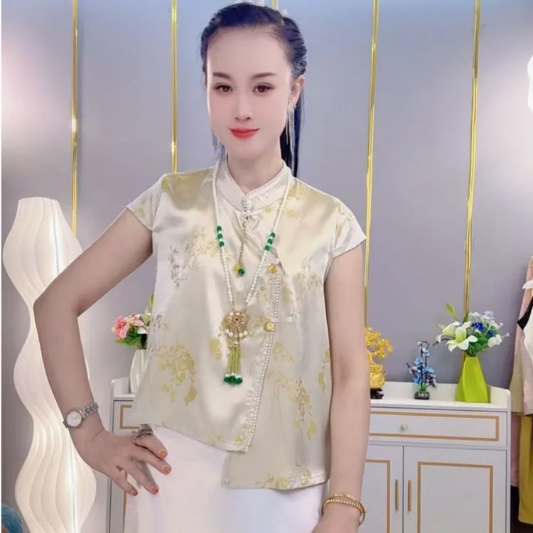 【媞媞】提花新中式宽松型国风气质透气显瘦百搭马甲短袖上衣