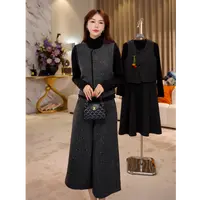 G9236小香风2025早秋套装单排扣无袖马甲打底衫阔腿裤三件套女