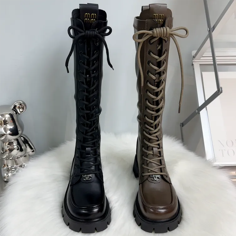 百搭厚底高筒靴女长靴时装靴黑色厚底靴子秋冬绑带骑士靴女后拉链