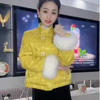 新中式复古风提花棉服外套女冬季2025新款袖毛可拆镶钻金扣上衣潮