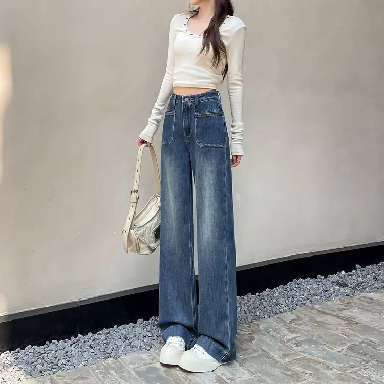 直筒休闲牛仔裤女春秋百搭老钱风女装显瘦复古宽松窄版蓝色阔腿裤