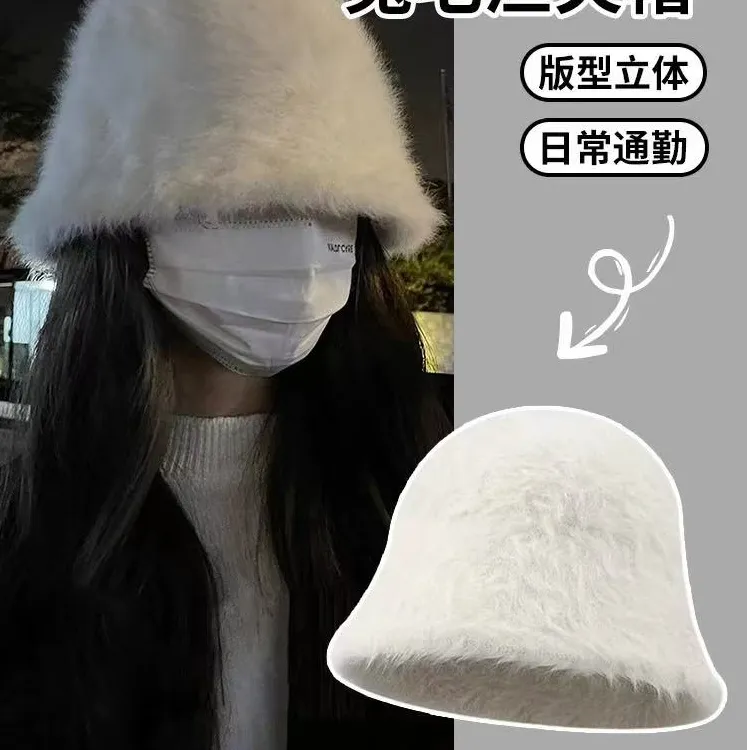 兔毛渔夫帽女2025秋冬季毛绒帽大头围显脸小保暖毛茸茸帽子水桶帽