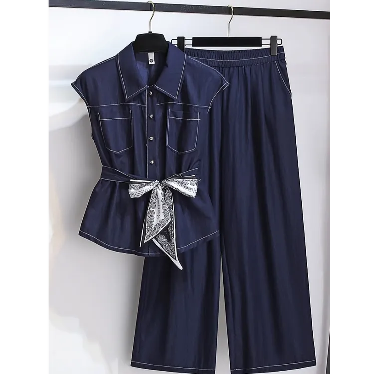 〈纪朵研〉0915藏蓝色无袖衬衫马甲收腰裤子女夏季新款超火两件套装