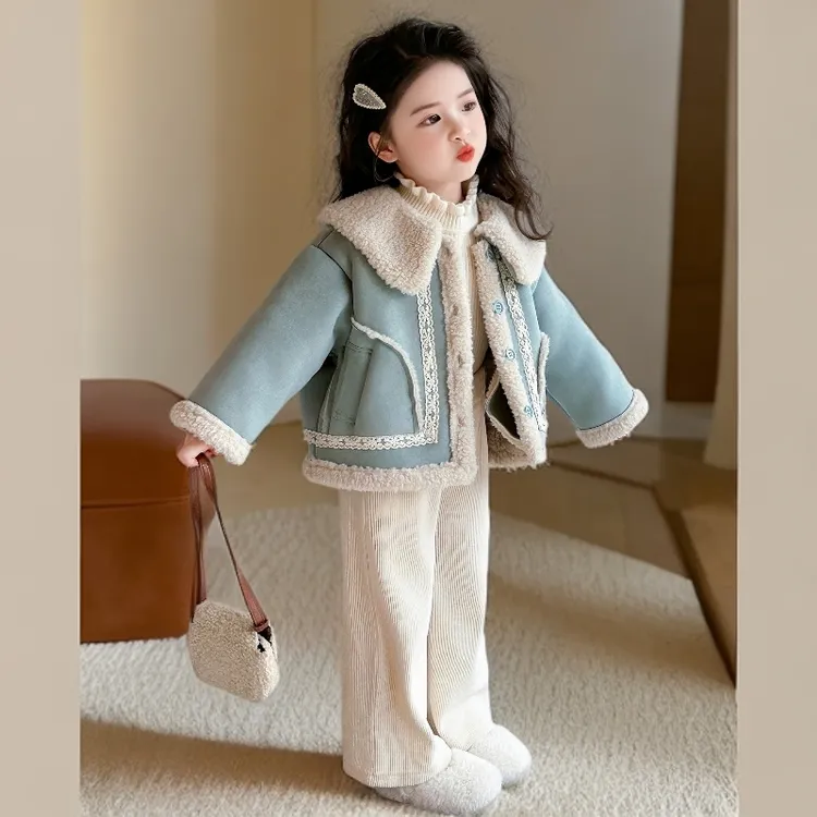 女童套装秋冬新款韩版皮毛一体上衣加绒保暖直筒裤洋气儿童冬装潮