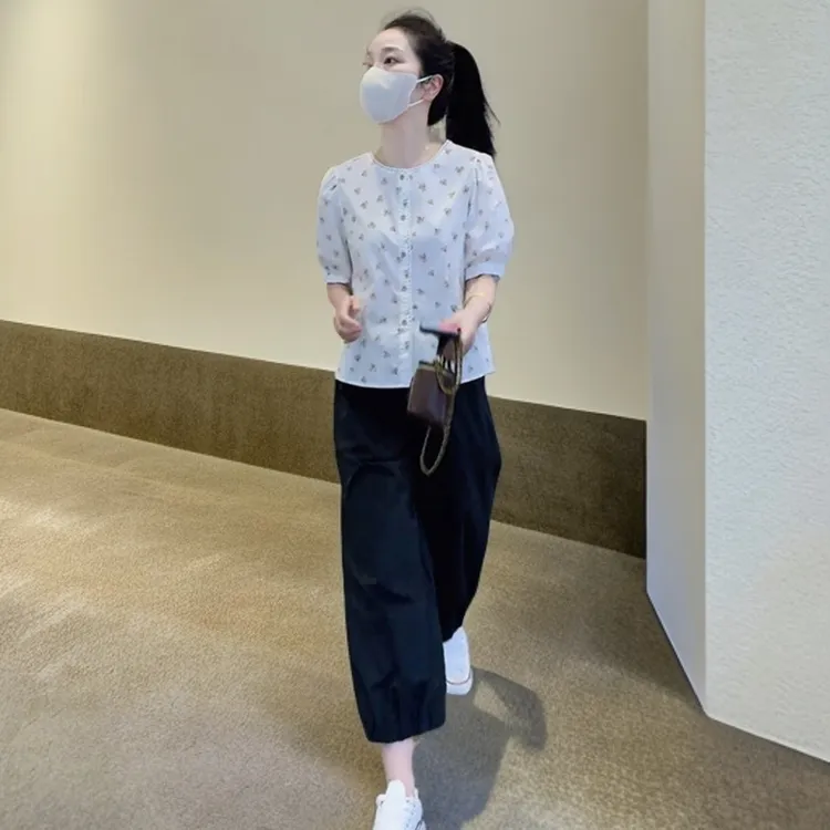 韩系小个子套装夏季新款减龄泡泡袖碎花圆领短袖衬衫显瘦休闲裤女