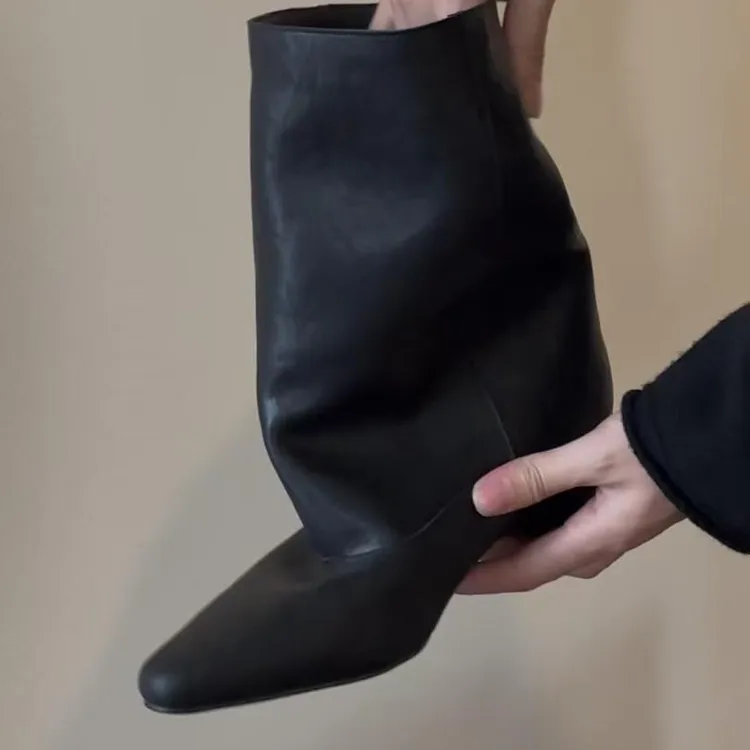 牛皮版~秋冬新款尖头内增高宽松套筒中筒靴子时尚气质百搭短靴女