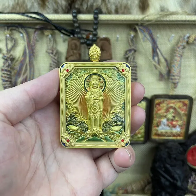 新款双面篆刻手绘描金点红唐卡南海观音+五台山龙五爷