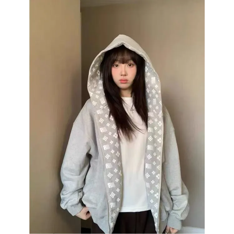 【UBKA】美式复古刺绣开衫拉链卫衣女春秋宽松连帽外套oversize上衣