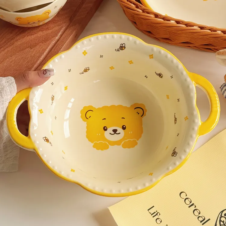 【两碗两勺】奶油蜜蜂小熊套装家用陶瓷汤碗少女心釉下彩实用宿舍