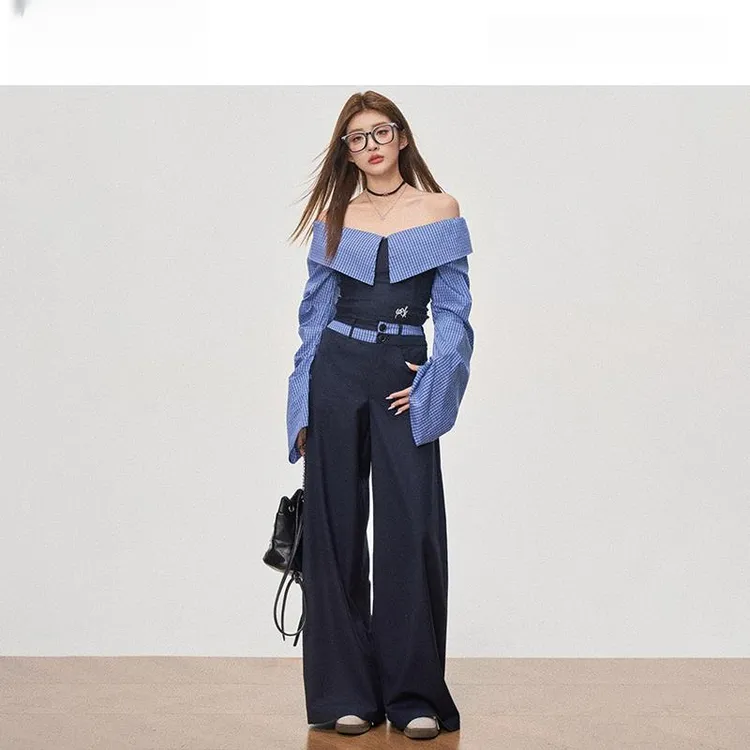 套装价WESTAYONE学院修身拼接显瘦条纹上衣新品肩休闲裤一字外穿
