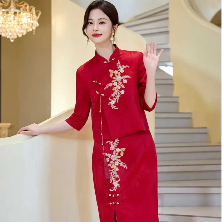 中袖春秋婚礼立领2件套旗袍显瘦连衣裙粉色酒红色