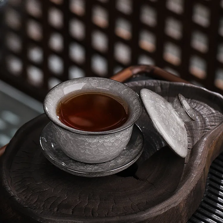 黑冰花三才盖碗茶杯单个泡茶壶手工铁胎釉冰裂纹陶瓷功夫茶具家用