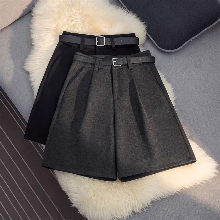 秋冬韩版毛呢外穿宽松高腰显瘦裤时尚百搭休闲阔腿五分短裤