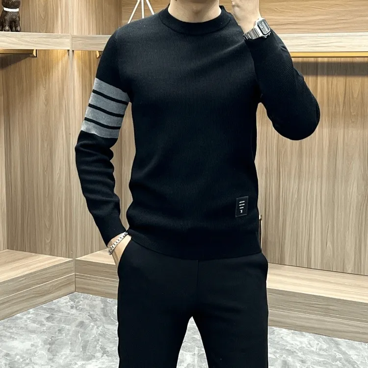 秋冬新款男士轻奢长袖针织衫休闲圆领提花潮流加厚保暖打底毛衫