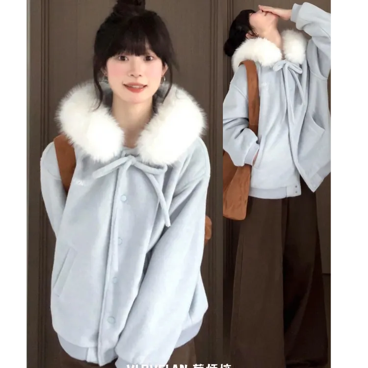 冬季2025新款短外套女学院风复古蓝色蝴蝶结大毛领连帽呢子卫衣潮