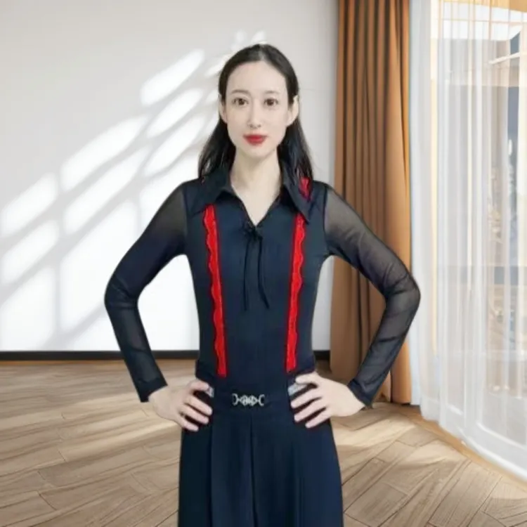 欢舞阁摩登舞舞蹈服广场舞时尚气质蕾丝带V领女新款舞蹈服A0770