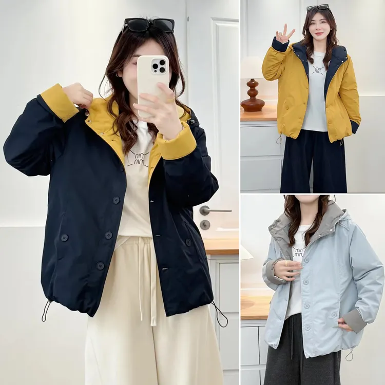 大码女装冬装胖mm新款2025连帽加绒撞色遮肚子棉袄时尚中年女棉衣
