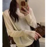 “法式竖条纹”早秋欧根纱内搭花边领打底衫