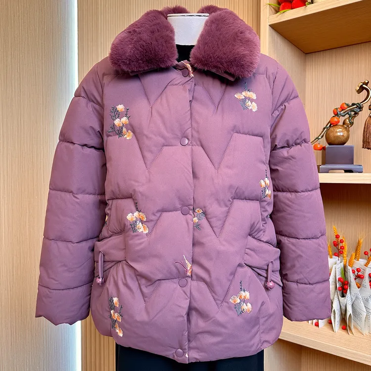 中老年冬装棉服奶奶时尚加绒加厚毛领棉衣妈妈国风刺绣洋气外套