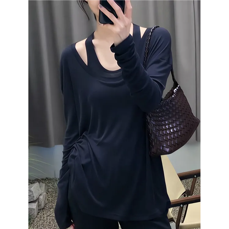 松弛感薄款无袖背心&长袖T恤外搭罩衫2025春秋新款慵懒风两件套女