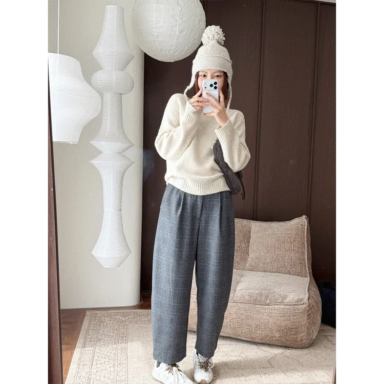 【唐悠悠】360克灰色格纹羊毛阔腿裤秋冬时髦休闲裤女宽松锥形裤