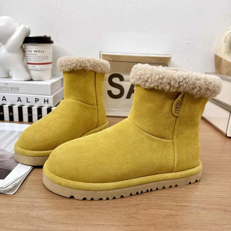 2025冬季新款磨砂真皮糖果色雪地靴女加绒保暖厚底羊羔毛勃肯棉靴