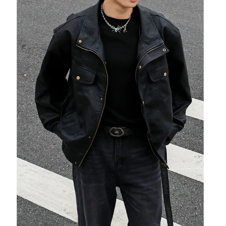 秋装新款美式皮衣时尚翻领复古ins短款男女同款情侣潮街头机车风