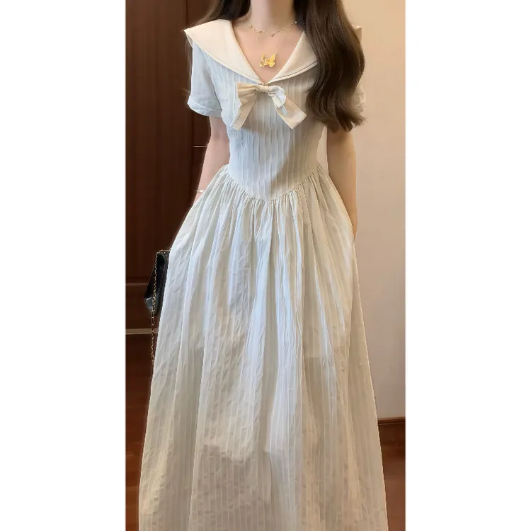 【领航少女】法式复古海军领蝴蝶结条纹连衣裙收腰气质长裙9660