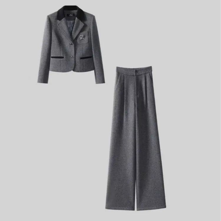 6685秋冬新款斜纹重工时尚显瘦西装套装设计感西服阔腿裤套装