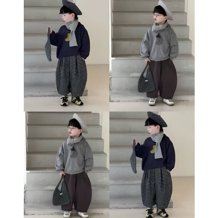 男童新款套装秋冬季2025儿童休闲灰色洋气韩版连帽卫衣格子