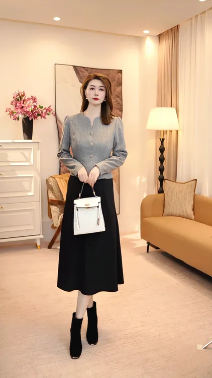 轻熟风法式秋冬新款时尚套装气质拼接长袖显瘦 86067