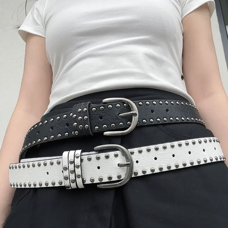 铆钉黑白色皮带女款配牛仔裤时尚百搭轻奢2025装饰腰带设计感小众