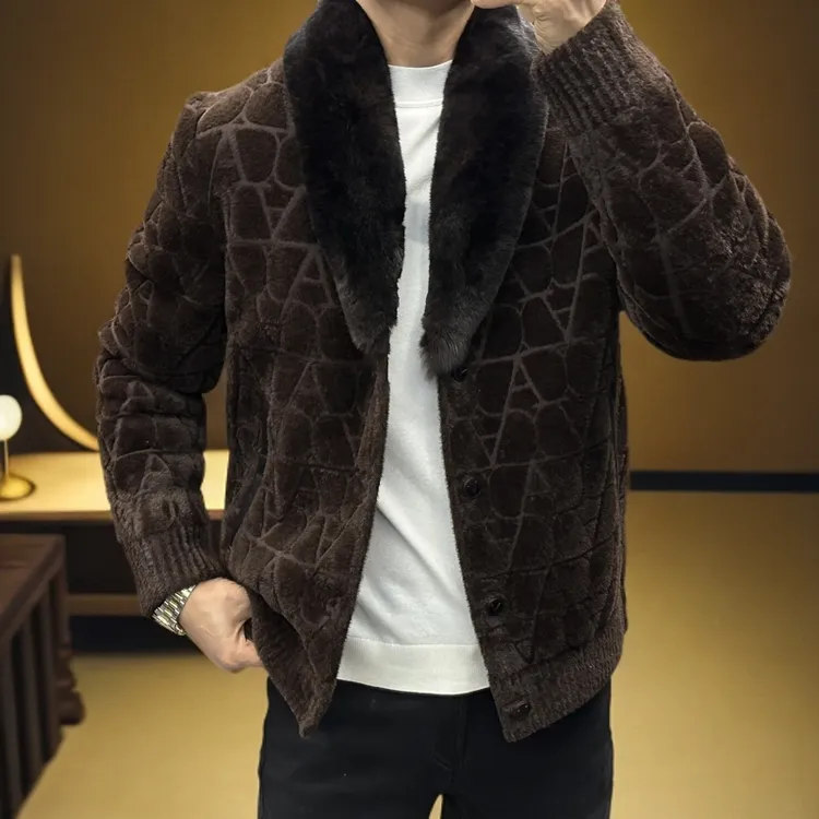 男士冬季鹅绒服轻奢外套獭兔毛领羊皮拼接时尚高品质短款加厚