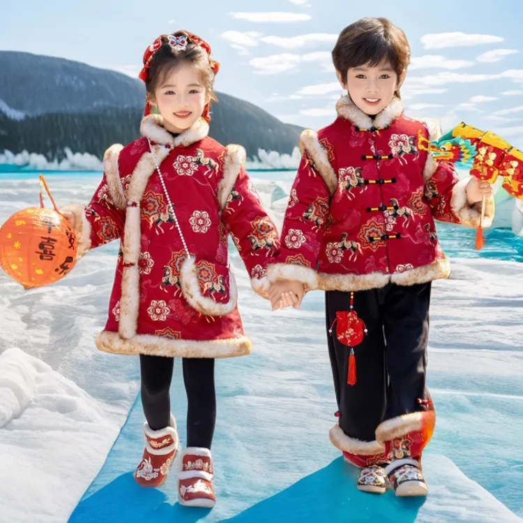 2025新款长袖儿童加厚年服男童女童红色拜年服加绒唐装汉服过年服