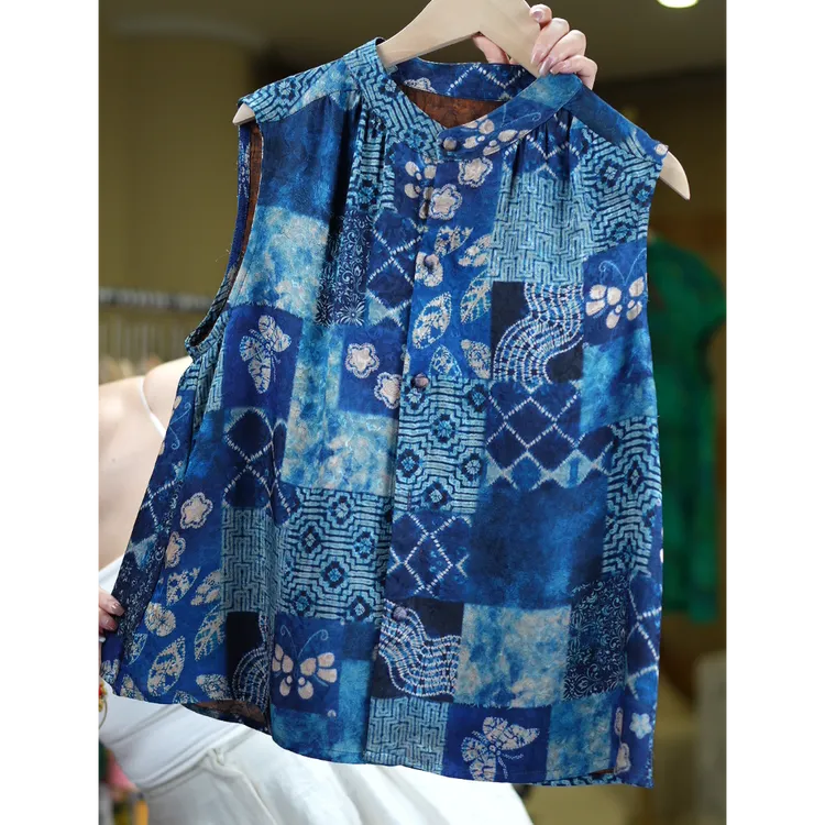 青花漫<<非遗美学>>1358新中式复古印花减龄无袖背心