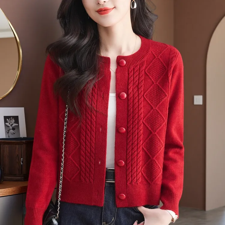 纯100羊绒衫开衫毛衣女2025年爆款洋气时尚圆领女士妈妈短款外套