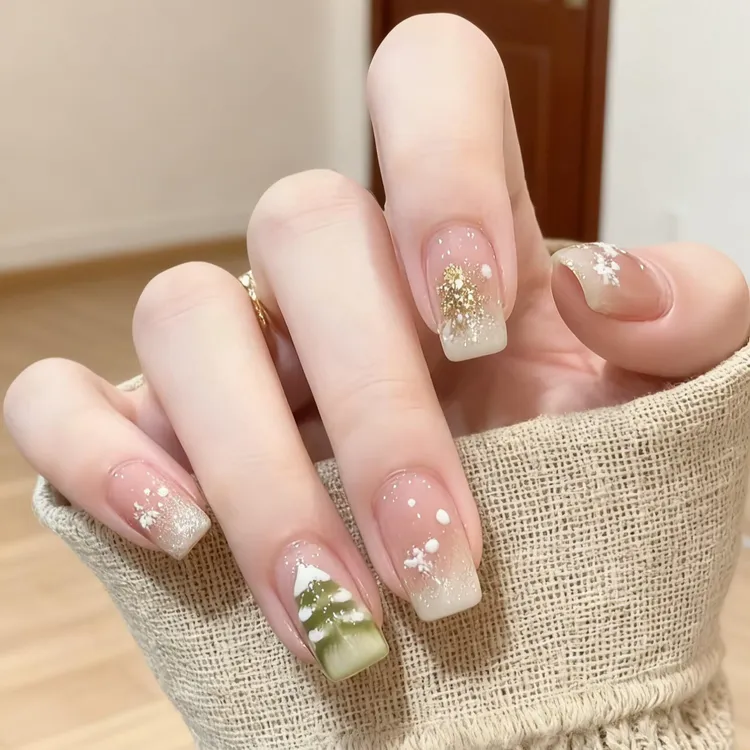 【橄榄绿圣诞树】秋冬裸色雪花猫眼美甲显白高质量穿戴甲片高级感