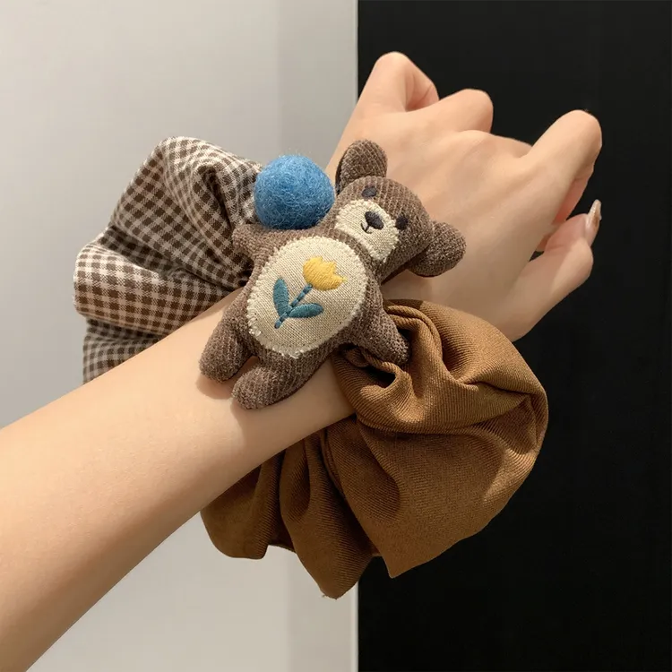 韩版可爱咖色格纹小熊大肠发圈女慵懒风扎头发超大号百搭发饰头绳