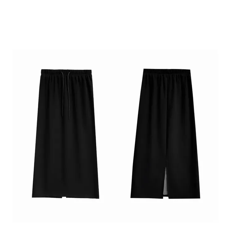 「3个裙长可选」韩版带抽绳A字简约松紧高腰休闲显瘦纯色半身裙垂感