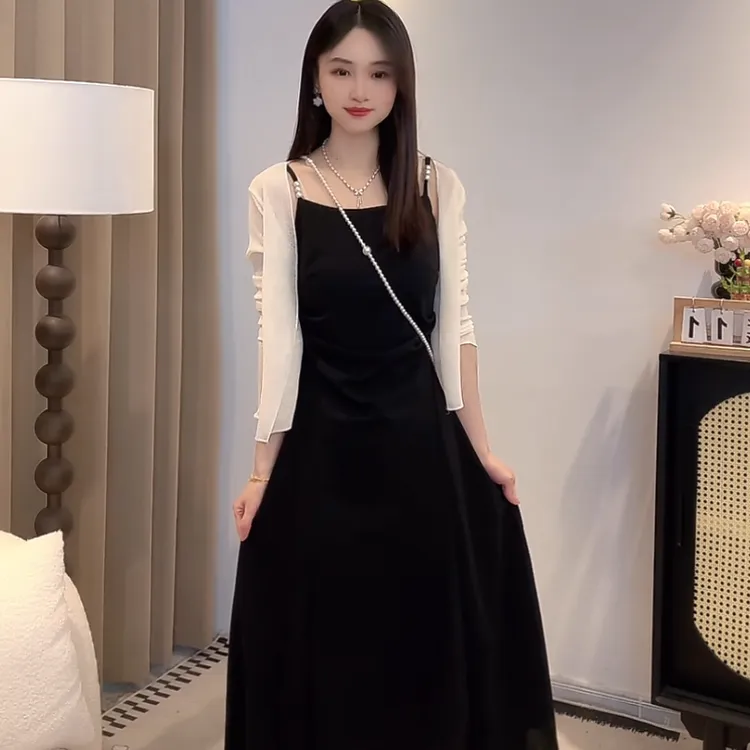 【四色】【两件套】法式绿色连衣裙夏2025新气质夏季开衫女6904
