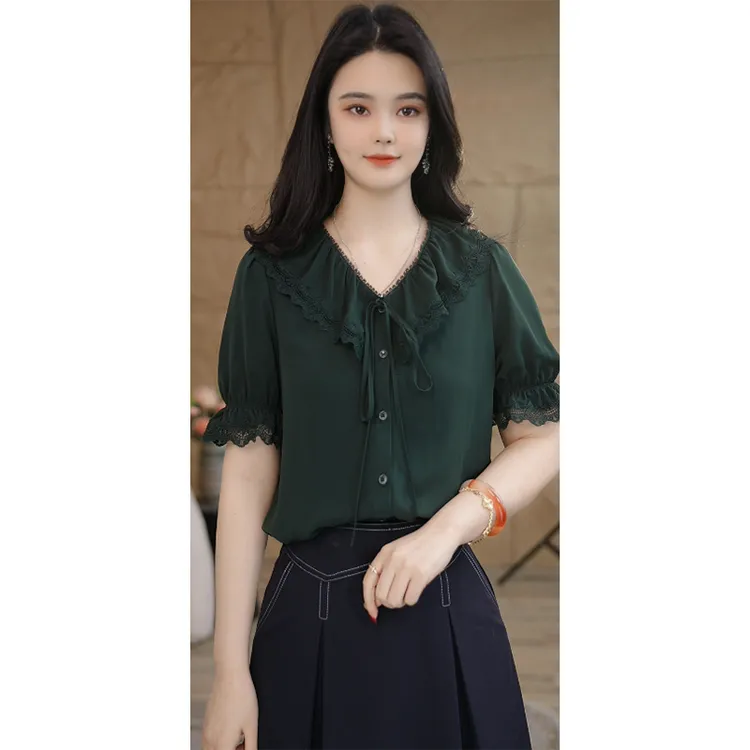 【小陈甄选】流光风8592506祖母绿衬衫女七分袖气质时尚小众法式
