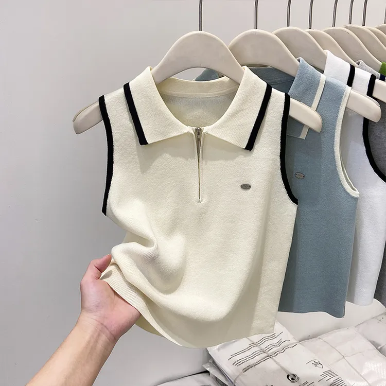 设计感杏色半拉链翻领无袖外穿针织背心女夏2025新款显瘦短款上衣