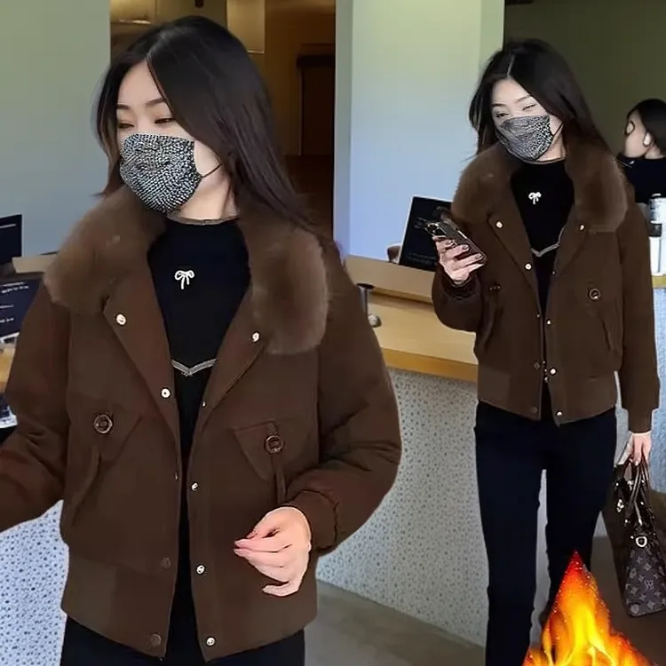 加绒加厚短款外套女2024冬季新款时尚显瘦毛领夹克洋气百搭棉衣潮