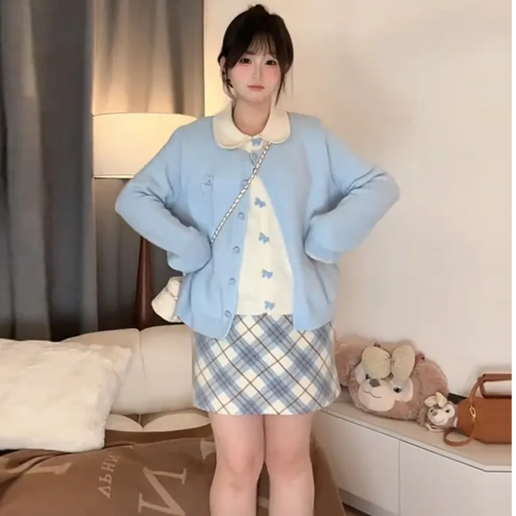 大码减龄娃娃领假两件红色针织衫春季胖mm宽松秋天毛衣女秋冬开会