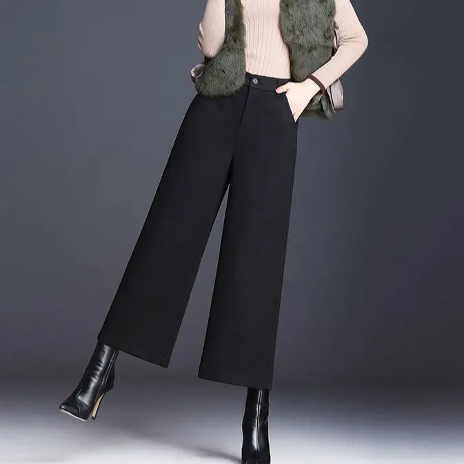 加绒/加厚毛呢阔腿裤女秋冬大脚裤裙宽松加厚呢子裤子休闲九分裤